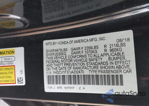 2018 Honda Accord Sport from USA, damaged, VIN 1HGCV1F37JA232470